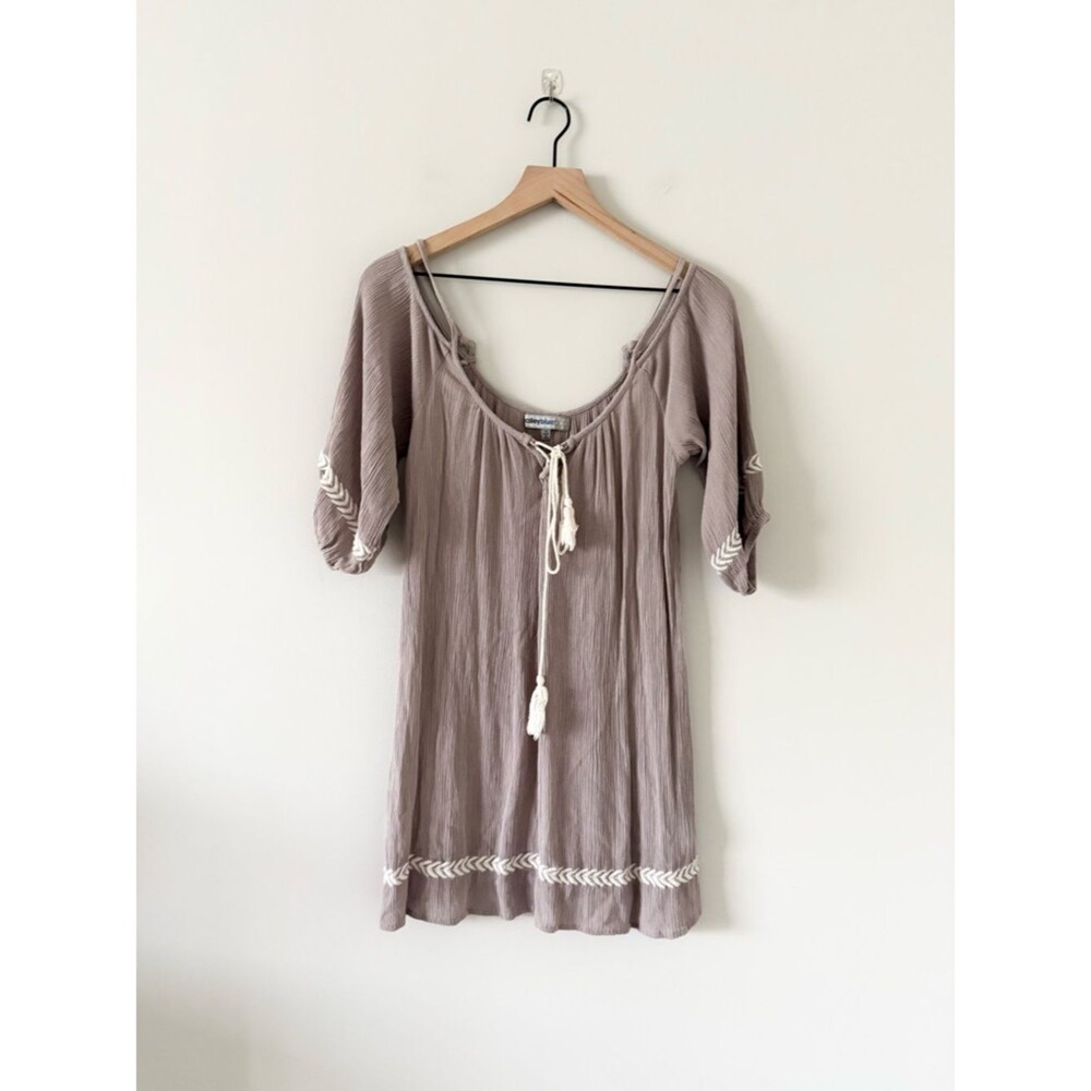 bailey blue Taupe with Cream Embroidery Tie-Front Boho Dress/ Coverup Size S